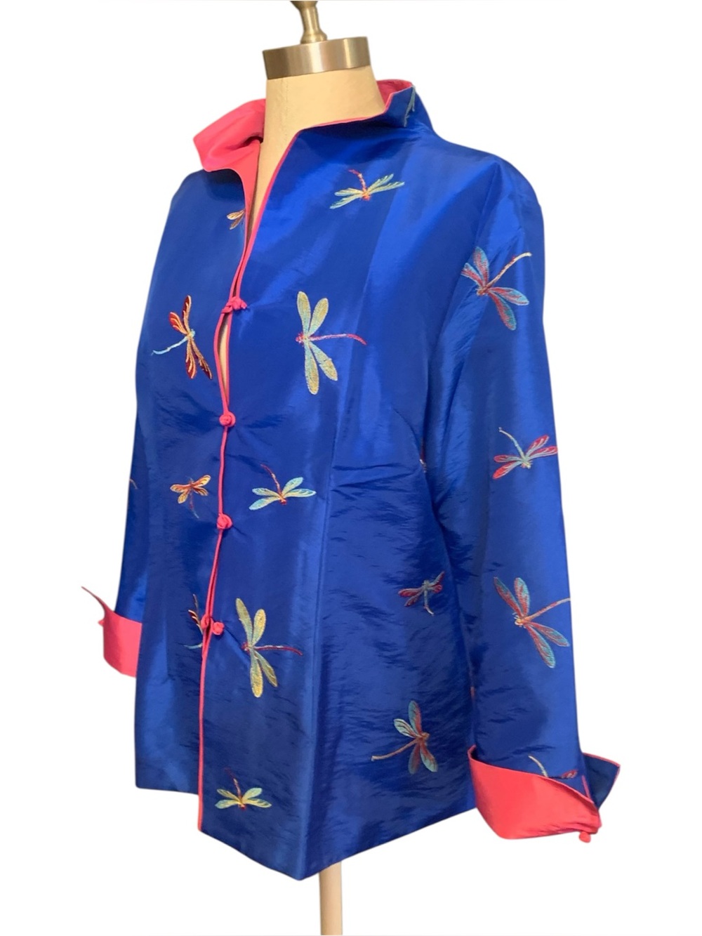 Cathayana Royal Blue/Pink Reversible Silk Taffeta Jacket Embroidered Dragonfly